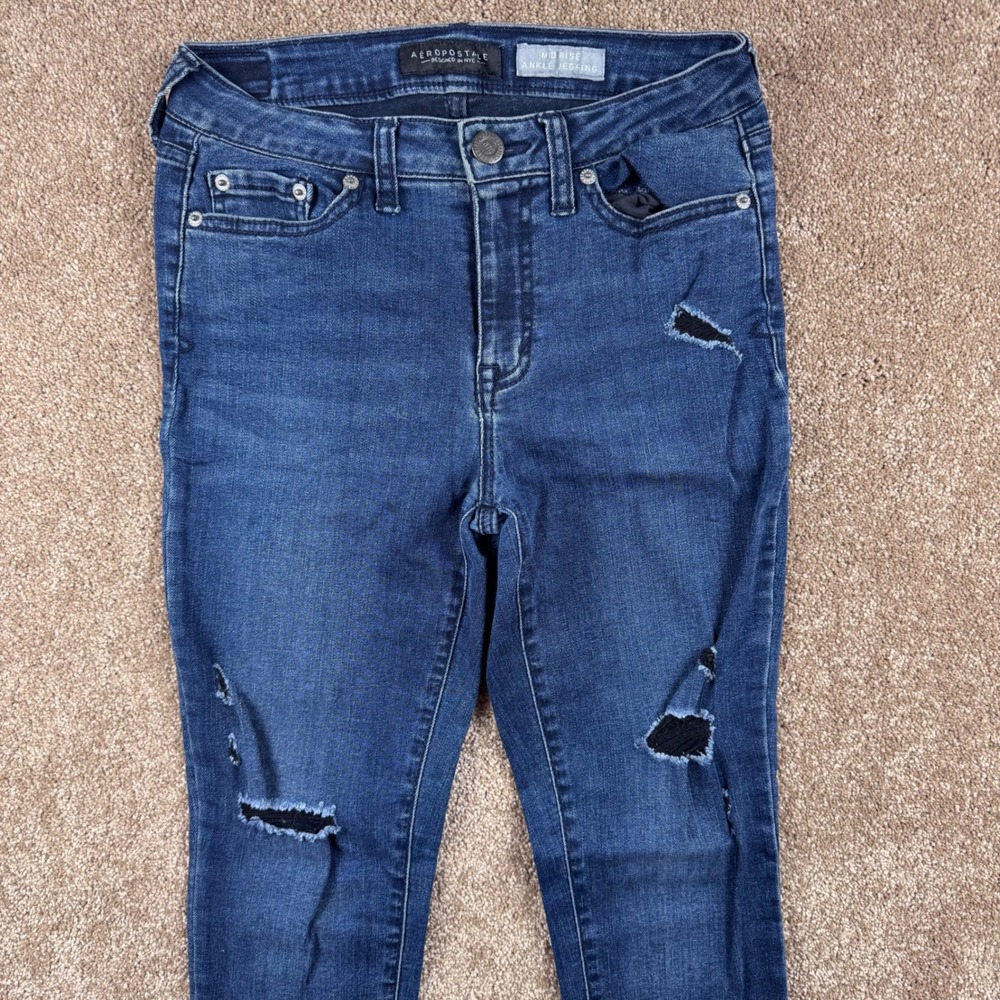 Aeropostale Womens Mid Rise Ankle Jegging Distressed‎ Ripped Jeans Dark Sz 2 Reg